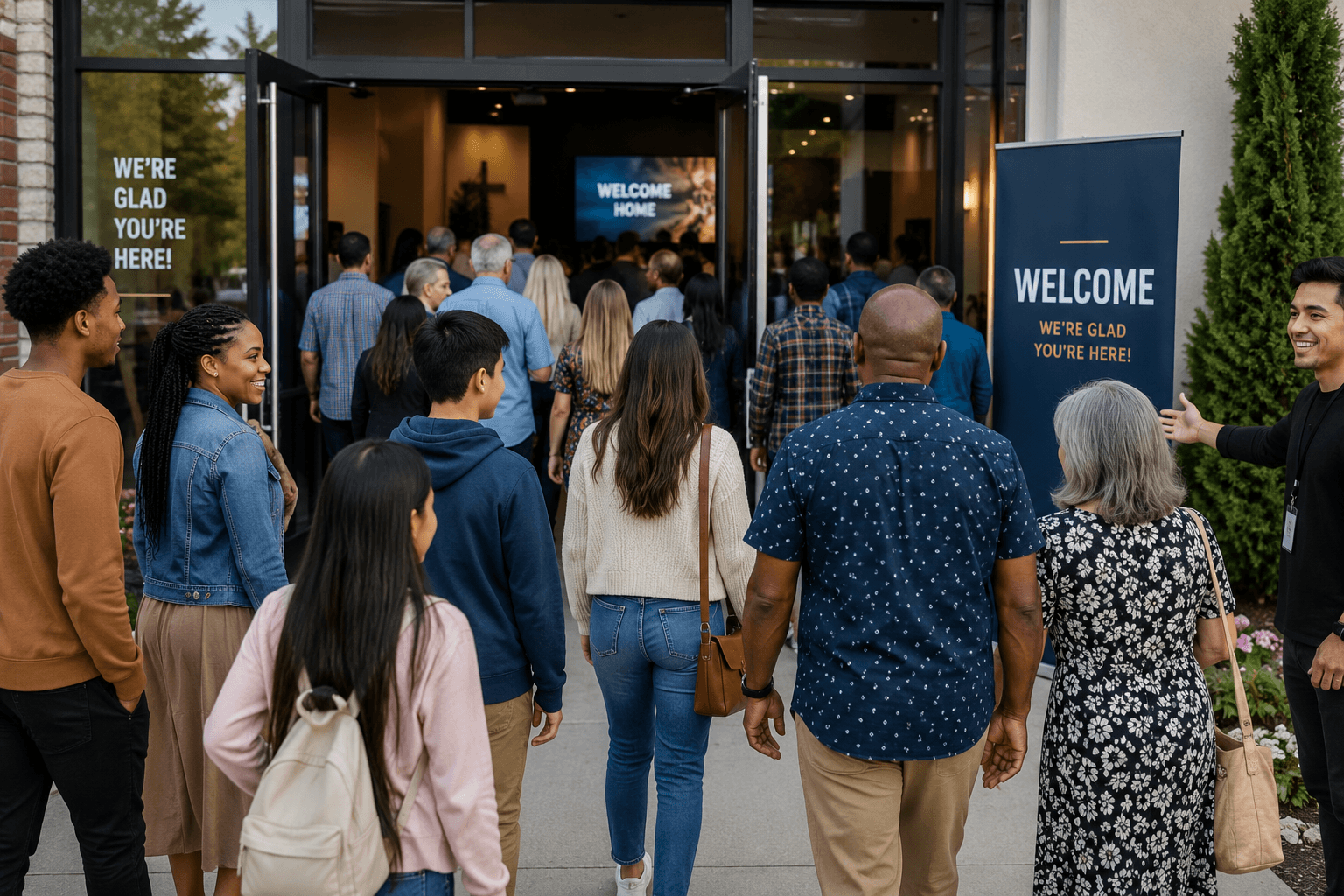 People arriving for a fellowship gathering